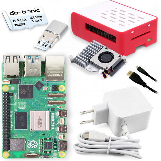 Raspberry Pi 5 Cooler-Kit | USB-C 27W Netzteil | Gehäuse mit Lüfter | 64GB SD Karte | 4K HDMI Kabel | Active Cooler | Raspberry Pi 5