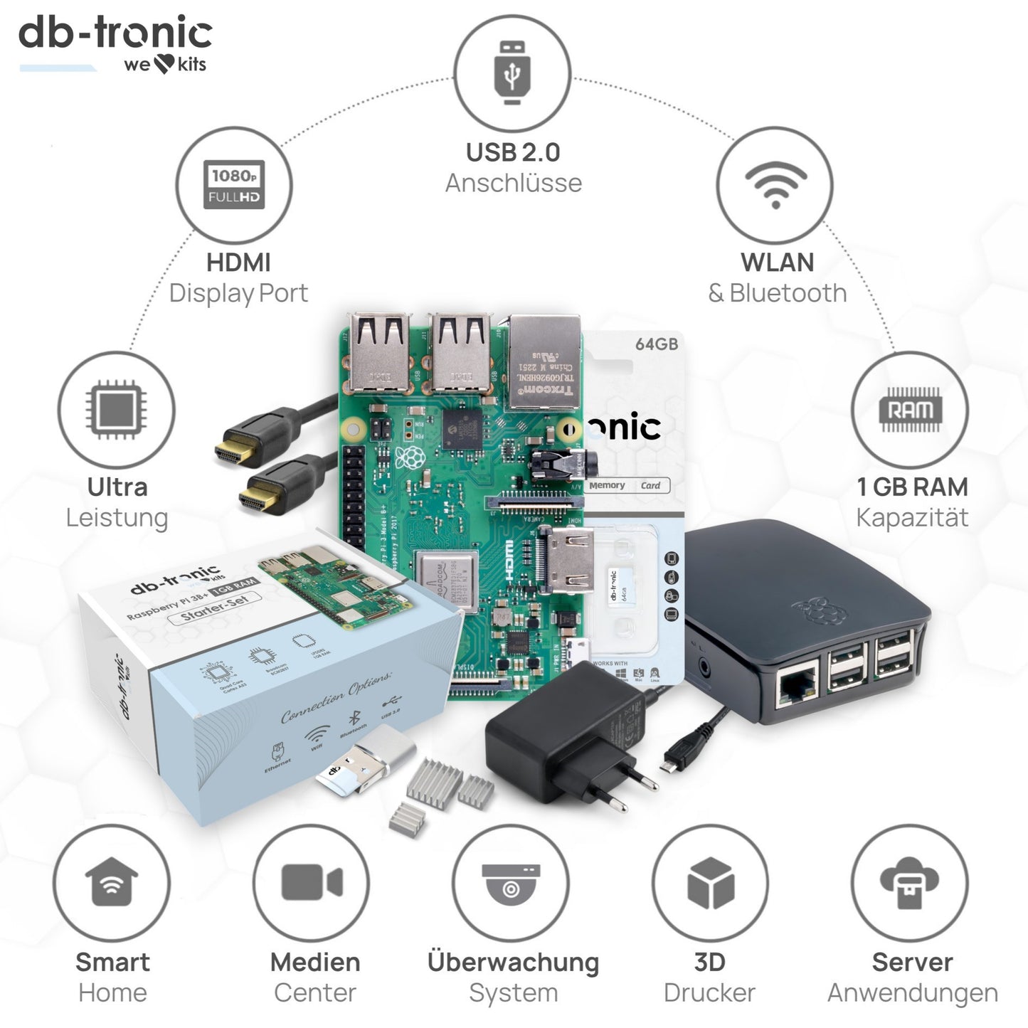 Raspberry Pi 3 B+ Starter-Set | Netzteil | Gehäuse | 64GB SD-Karte | 4K HDMI Kabel | Raspberry Pi 3 B+ 1GB RAM