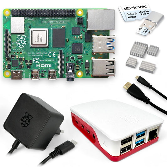 Raspberry Pi 4 Starter-Kit | 64GB SD Karte | USB-C Netzteil 15W | Gehäuse | 4k Micro HDMI Kabel | Kühlkörper Set | USB-Kartenleser | Raspberry Pi 4 Model B