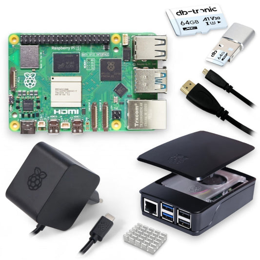 Raspberry Pi 5 Starter-Kit Black | USB-C 27W Netzteil | Gehäuse mit Lüfter | 64GB SD Karte | 4K HDMI Kabel | Raspberry Pi 5