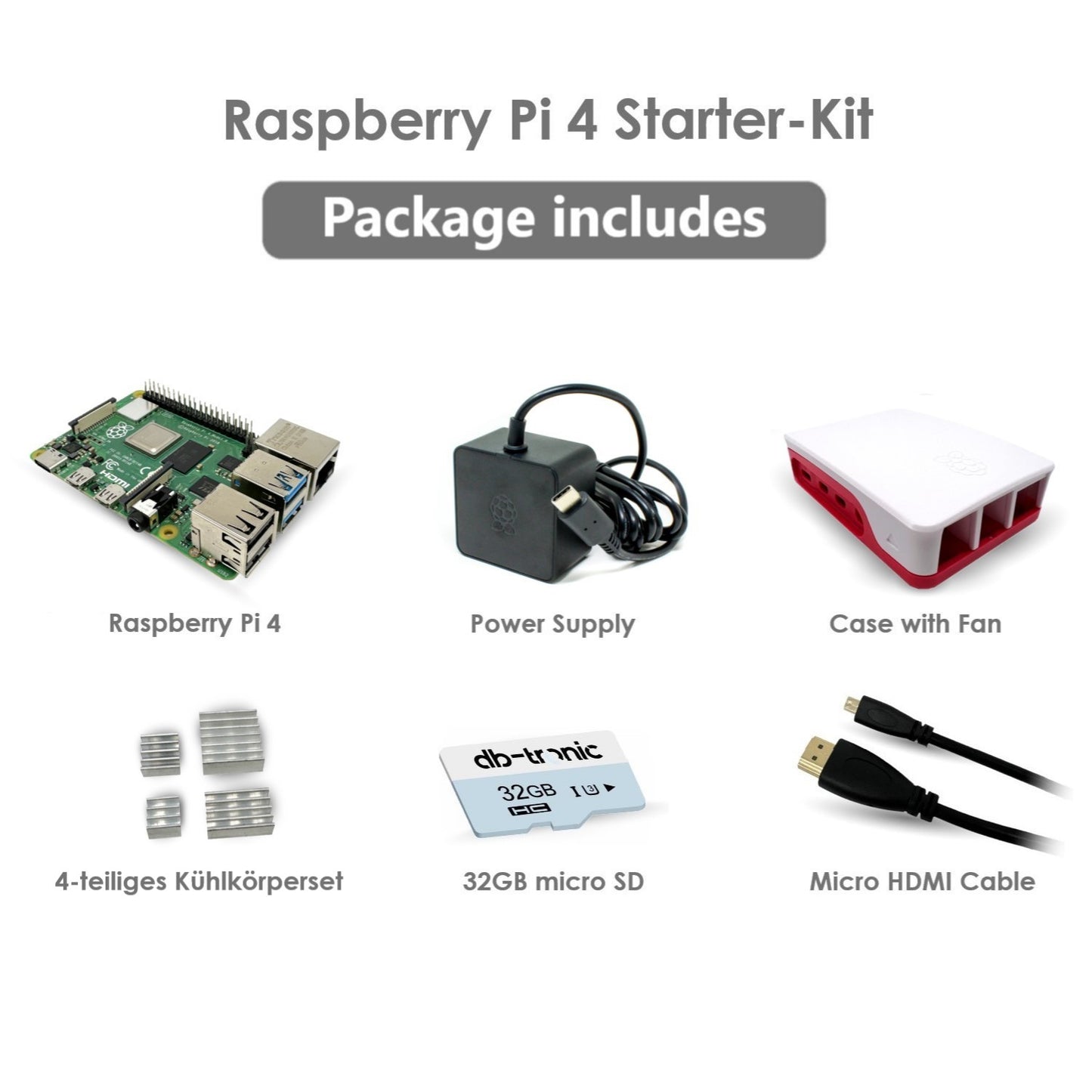 Raspberry Pi 4 Starter-Kit / Netzteil / Gehäuse / 32GB SD Karte / HDMI Kabel